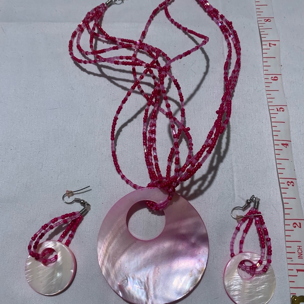 Pink Multi-Strand Beaded Necklace with Round Pendant and Matching Earrings - Picture 3 of 3